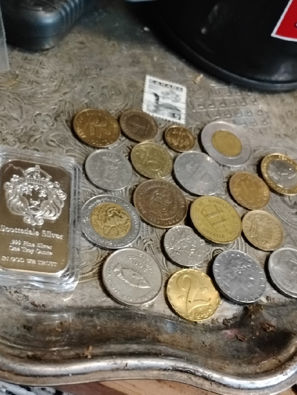 Mixed World Coins & Scottsdale Plated Silver Bar - Gold & Silver Tones